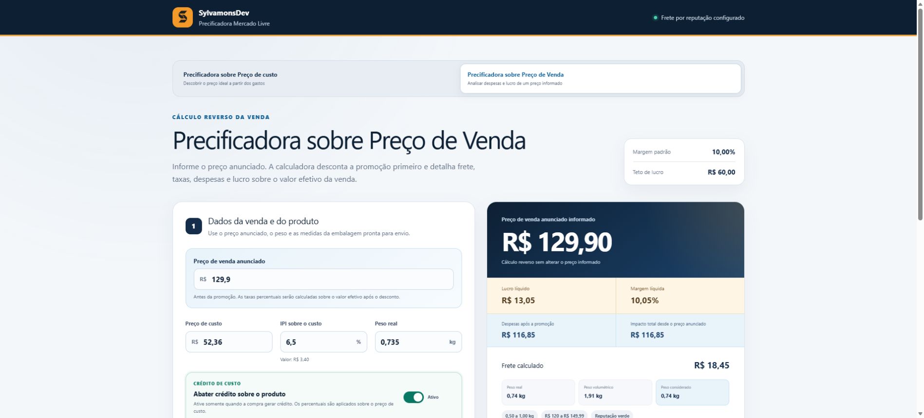 Tela real da calculadora mostrando preço, despesas e lucro líquido